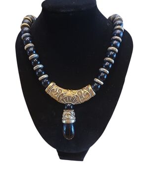 Vintage Gold-Accent Black Beaded Statement Necklace.